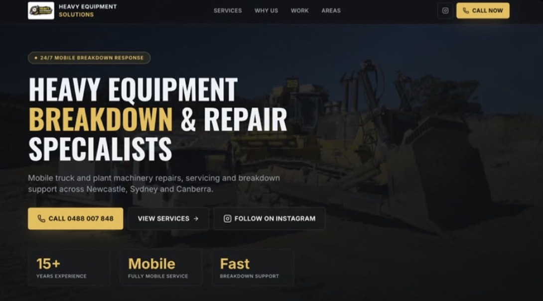 Heavy Equipment Solutions website homepage, showing a dark hero with the headline Heavy Equipment Breakdown & Repair Specialists.