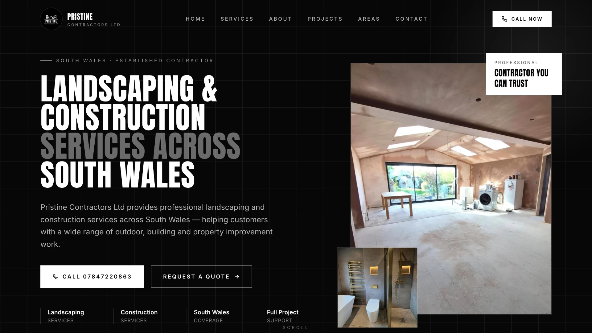 Website concept for Pristine Contractors Ltd, with condensed uppercase headline reading Landscaping & Construction Services Across South Wales.