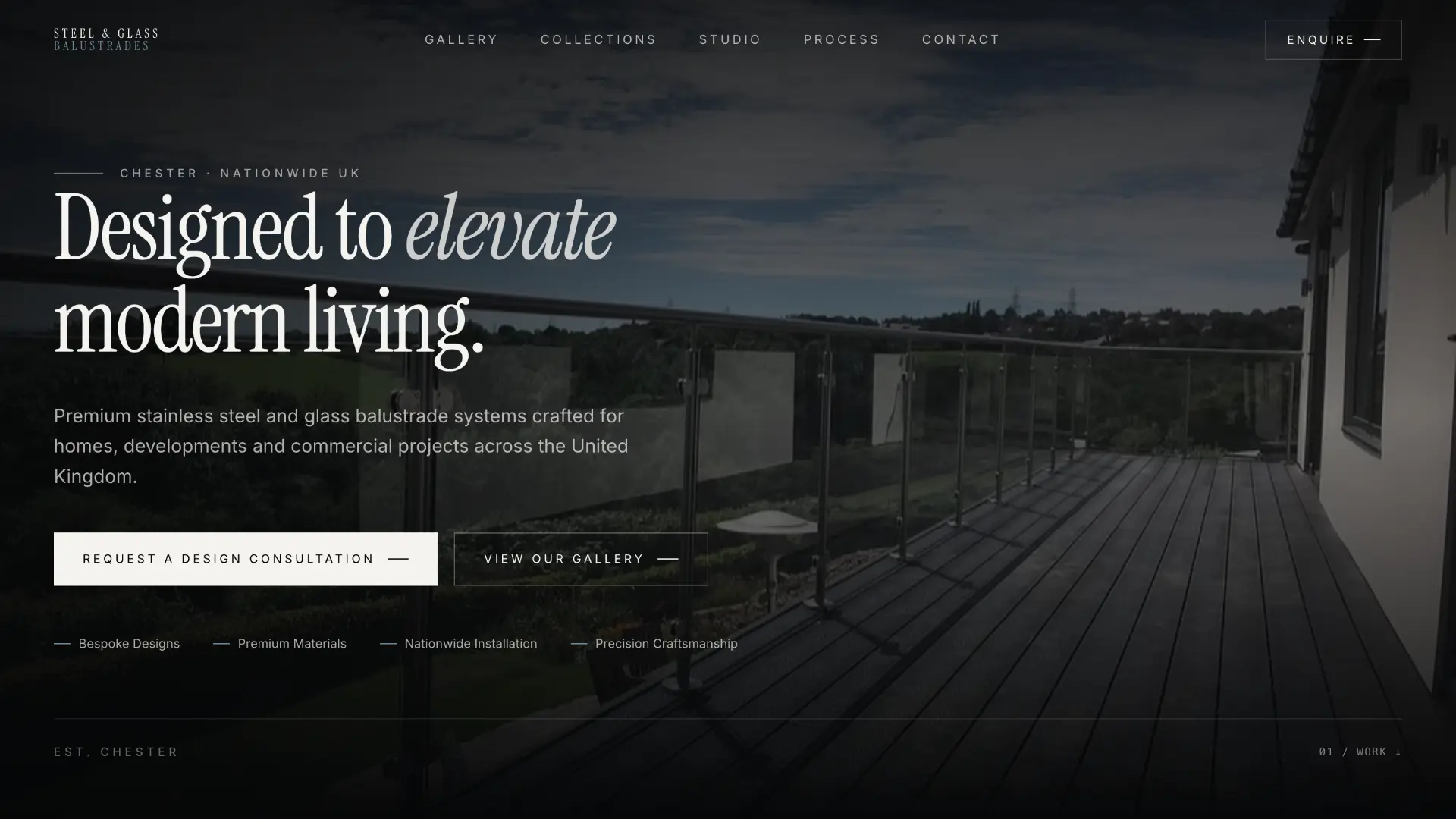 Website concept for Steel & Glass Balustrades, with a serif headline reading Designed to elevate modern living over a glass balustrade photograph.