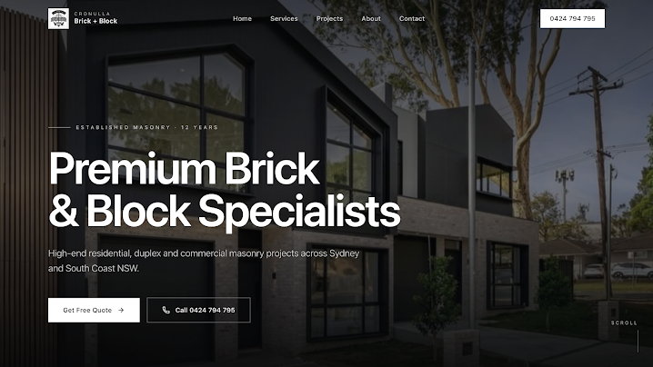 Cronulla Brick & Block website homepage, showing a dark hero with the headline Premium Brick & Block Specialists.