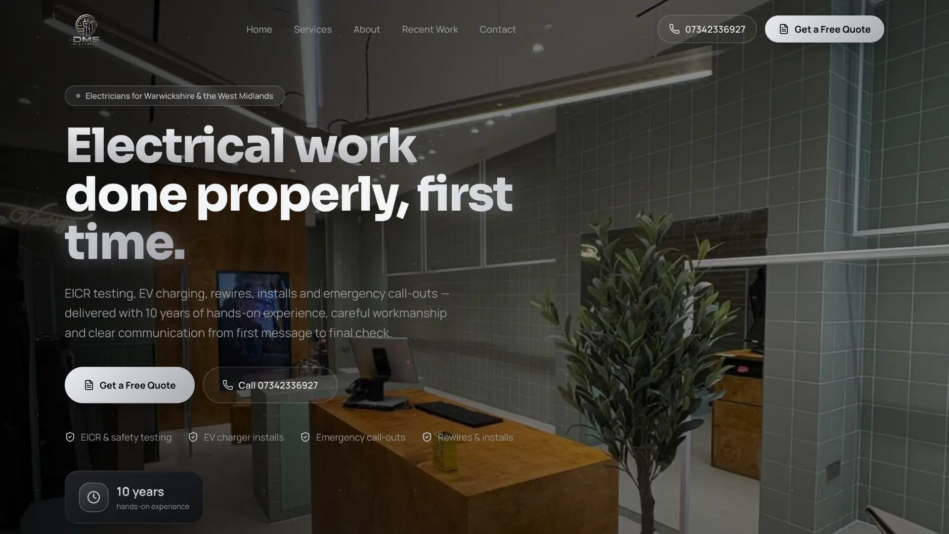 DMS Electrical website homepage, showing the headline Electrical work done properly, first time.
