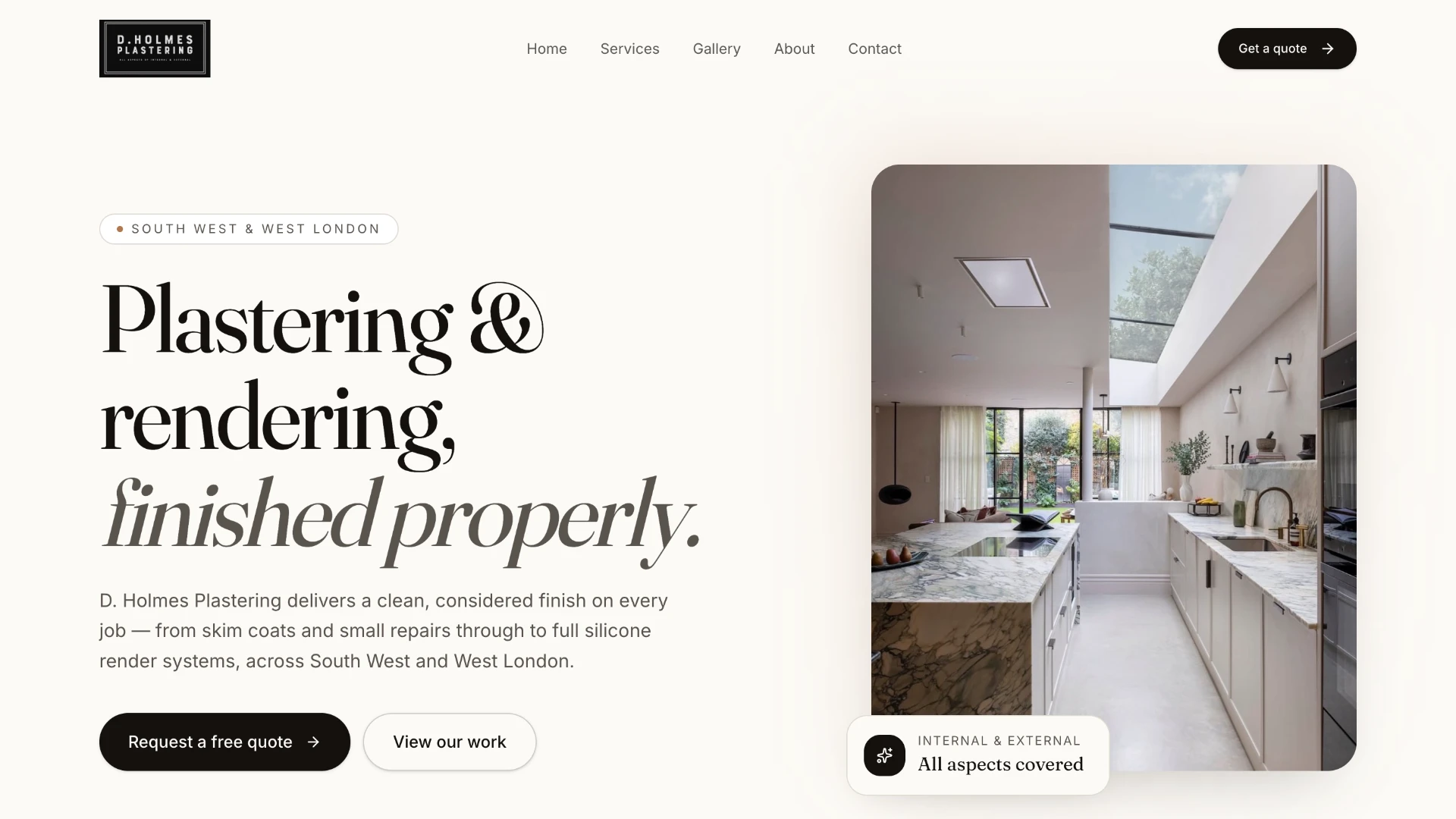 Website concept for D. Holmes Plastering, with a serif headline reading Plastering & rendering, finished properly and a kitchen interior photograph.